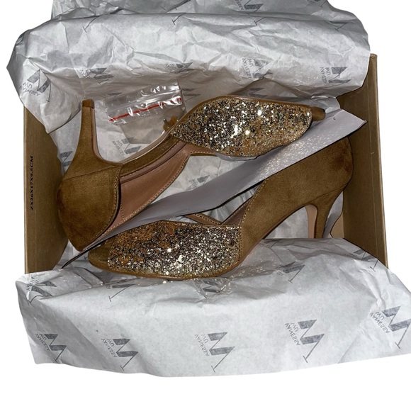 Vanessa Wu Diane camel and gold peep-toe pumps Women’s Heels Size 36 or US 6 NWT - Picture 11 of 16